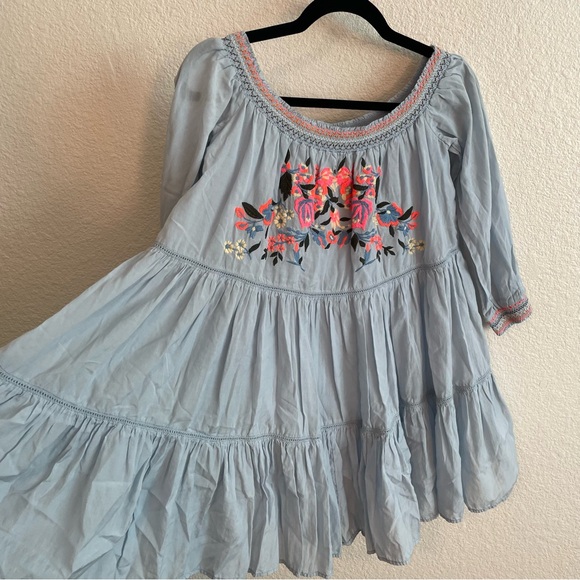 Free People Sunbeam Blue Embroidered Long Sleeve Off the Shoulder Dress Small - Picture 6 of 7